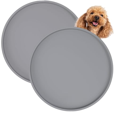 Skålunderlägg för hund, rund, 2 stycken, BPA-fri silikonmatta med kant, diameter 25 cm, halkfri husdjursmatta för foder och vattenskålar, lätt att rengöra och vattentät, grå