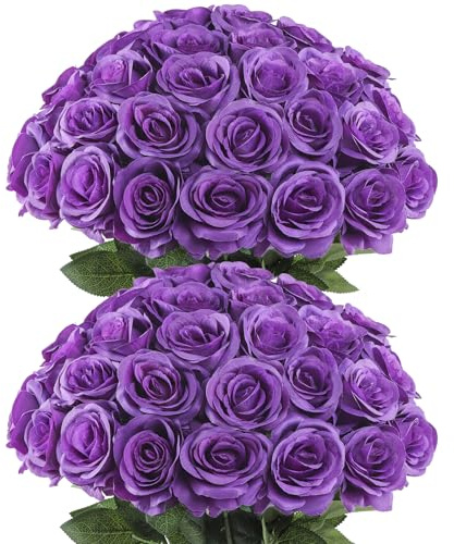 DuHouse 50Pcs Artificial Roses Realistic Silk Fake Roses Bulk with Stems for Wedding Centerpieces, Home Decor & Floral Arrangement Flowers Bouquet(Purple)