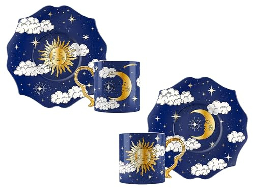 Bialetti Set 2 Tazzine da Caffè + 2 Piattini Cielo Stellato Blu Ceruleo Luna e Sole
