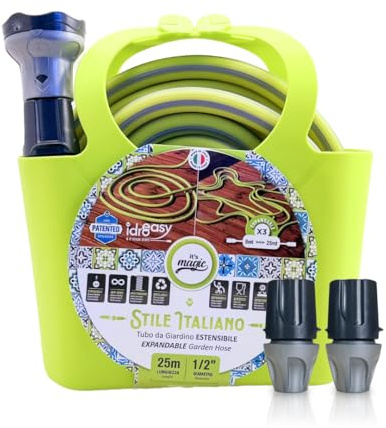 Idroeasy, Tubo Estensibile da Giardino 25 Metri Kit 1/2 con Doccetta, Raccordi e Borsetta, Canna Acqua Estensibile 3x Leggera Anti-Nodo, Tubo Atossico per Terrazzi e Balconi (Lime) Made in Italy