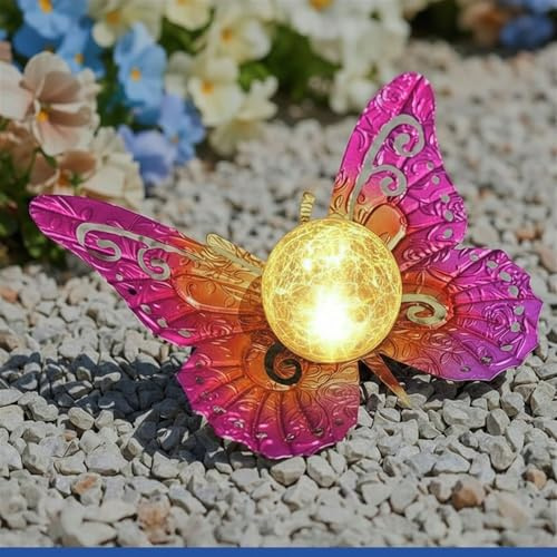 Maximex Lámpara Solar LED de Mariposa, Sensor crepuscular, Resistente a la Intemperie, luz Solar para jardín y balcón, 35 x 11,5 x 27,5 cm, Metal, Color Rosa/Dorado