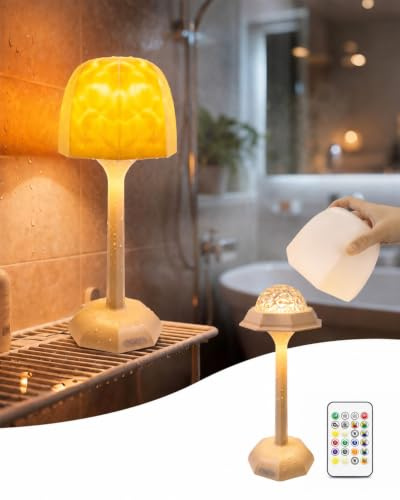 Waterproof Shower Lamp, Rechargeable Shower Light with Ocean Wave Projector | Cordless Bathroom Lamp Table Lamp with Remote & Touch, 16 Colours RGB & Dimmable, Mood Light for Inside Shower, Bathtub, Spa