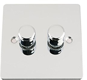 Light Dimmer Switch 2 Gang 2Way 10A -Push On Off 400W -Polished Chrome -Flat