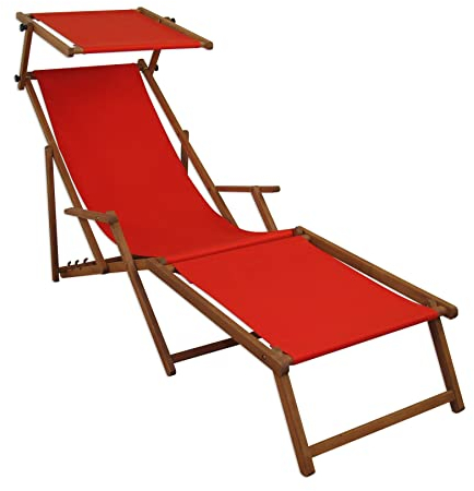 Extra Lunga Sedia a Sdraio Rossa in Faggio con braccioli poggiapiedi Parasole 10-308FS