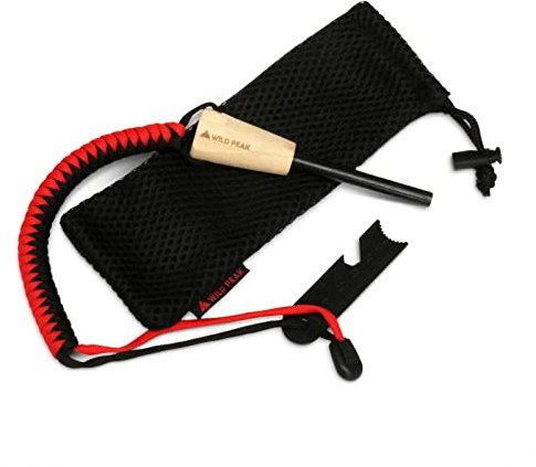 Wild Peak Premium Fire Steel with Paracord Strap & Carry Bag - Quality Ferro Rod Fire Starter with over 2m of Military Grade 550 Parachute Cord for Survival & Bushcraft from (Red & Black)