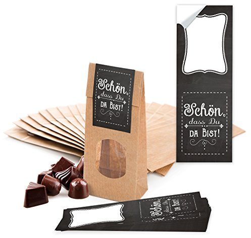 Logbuch-Verlag 50 Papiertüten mit Fenster 7 x 4 x 20,5 cm + 50 Aufkleber SCHÖN DASS DU DA BIST schwarz weiß - Pralinen Hochzeitsmandeln Gastgeschenk Verpackung