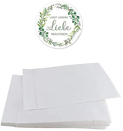 Blütensamen Tüten Set 24 Flachbeutel WEIß 63 x 93 mm + 24 Sticker LASST UNSERE LIEBE WACHSEN GRÜN ZWEIGE 4cm matt rund Samen Gastgeschenke Tischdeko Hochzeit Familienfeier Geburtstag Taufe Geburt