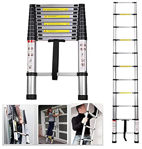 Scala telescopica in alluminio, 3,2 m, con 9 gradini, facile da trasportare, leggera, 9,2 kg
