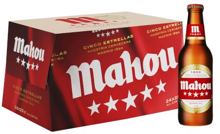 Mahou 5 Estrellas, Cerveza Lager Dorada, Pack 24 Botellines x 25cl