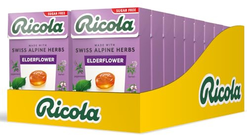 Ricola Gotas de hierbas suizas sin azúcar, 45 g (paquete de 10) | Elderflower Swiss Herbal Sweets, sin azúcar, pastillas para garganta naturalmente eficaces, paquete de 20 cajas