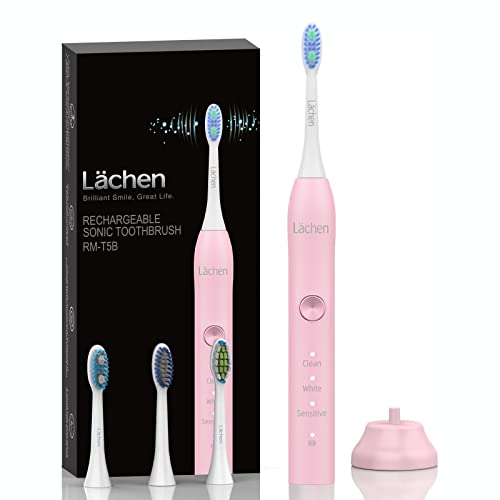 Lächen Elektrische Zahnbürste 3 Modi Elektrische Schallzahnbürste mit Reise-Etui 4 Aufsteckbürsten, 2 Minuten Timer,USB-Ladung für 60 Tage, IPX7 Wasserdicht Zahnbürste Rosa