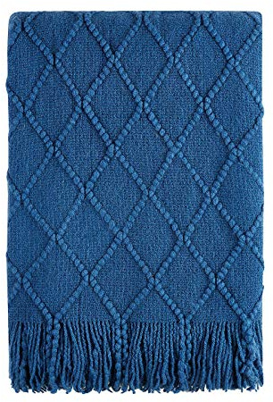 BOURINA Knitted Textured Throw Soft Sofa Blanket Royal Blue 127x152cm | Soft textured solid knit fabric, decorative home throw, multi-use for sofa couch bed, lightweight warm, neutral home decor