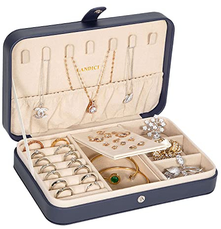 LANDICI Small Jewelry Box for Women Girls, PU Leather Travel Jewelry Case, Portable Jewelry Organizer Storage Holder Display for Ring Earrings Necklace Brooch Men Kids Gift, Dark Blue