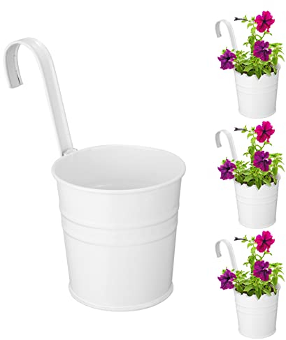 4Stück Hängende Blumentöpfe Metall Eisen Eimer Übertopf Metall Eimer Blumenhalter mit Haken Indoor Outdoor für Geländer Zaun Balkon Garten (Weiß)