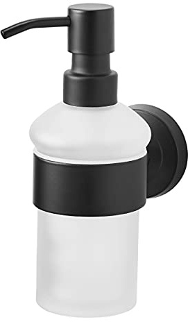 AMARE Supporto a parete | Nero | Dispenser di vetro per foratura o incollaggio ricaricabile | per bagno e cucina | Ideale per sapone liquido, lozioni e disinfettanti, acciaio inossidabile,