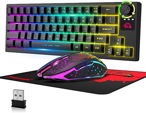 Juego de Teclado y Mouse Inalámbricos Recargable 4000mAh Semi-Mecánico Gaming Keyboard+Ratones Mudos de 2400 DPI con Retroiluminación Arcoíris RGB Receptor USB 2.4G+Mouse Pad para PC MAC-Negro