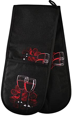 Two Glasses of Red Wine with Red Rose on Dark Double Oven Mitt Gloves Extra Long Potholder High Heat Resistant for Baking Cooking Baking Grilling Handling Hots Pans 35x7