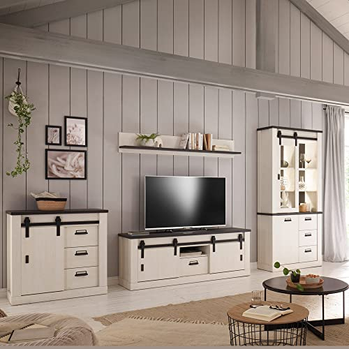 Lomadox Wohnwand TV-Wand Pinie weiß Nb. mit anthrazit 4-teilig Landhausstil, TV-Lowboard, Wandboard, Kommode, Vitrinenschrank, inkl. LED-Beleuchtung