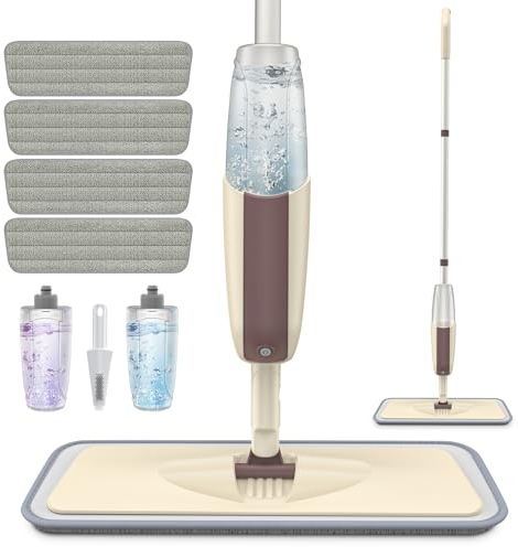 Spray Mop zum Reinigen von Böden, HOMTOYOU Bodenwischer Trocken Nass Spray Mop mit 2 Nachfüllbaren Flaschen und 4 Wiederverwendbare Mikrofaser-Pads für Hartholz, Laminat, Vinyl, Fliesen, Holzboden