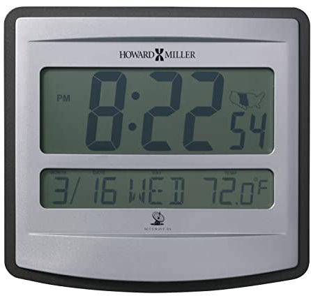 Howard Miller Nikita Wall Clock, Digital Display Injection Molded Silver Case Battery-Operated, Temperature Feature Silver Buttons Alarm Clock for Home Decor, Dinning Room & Office