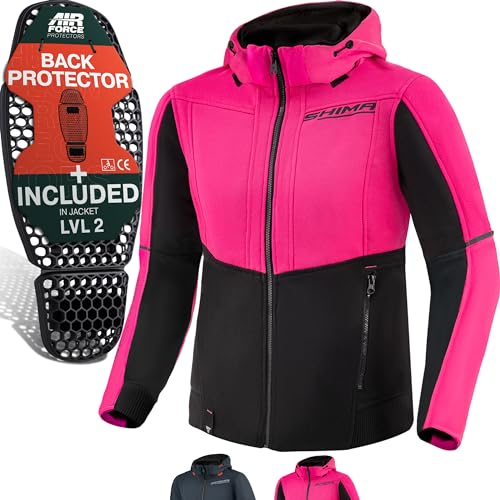 SHIMA DAYBREAKER LADY Felpa da Moto con Cappuccio per donne - FiberQL - Aramide e strato di raffreddamento, protezioni CE per schiena, spalle e gomiti (Nero/Rosa, XS)
