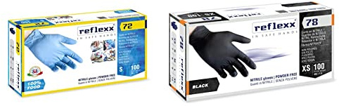REFLEXX R72, Guanti in Nitrile senza Polvere Gr. 3.9, Speciali per Alimenti, 100 Pezzi, Azzurro & R78 / M Guanti senza nitrili in polvere, medio, nero, confezione da 100