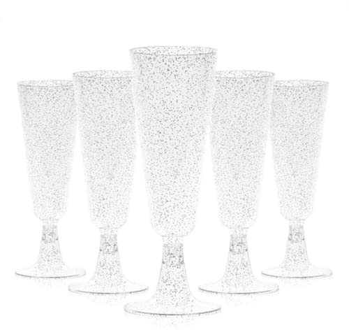 TSLBW 20 copas de champán transparentes de 5 onzas, copas de champán de plástico con purpurina, reutilizables, copas de vino de cristal, cumpleaños, fiesta de aniversario (plata A)