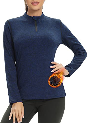 Damen Fleece Laufshirt Fleecepullover Langarm, 1/4 Reißverschlus Funktionsshirt Thermo Atmungsaktive Sportshirt Fitness Shirt Winter Warm,Blau,M