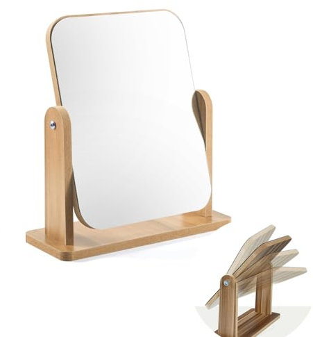 Miroir Rotatif 360° sur Pied - Bois Transparent pour Coiffeuse, Bureau, Salle de Bain, Chambre (22 x 17 cm)