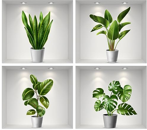 3D Pflanzen Wandtattoo,3D Wall Sticker Vase,3D Plants Wall Sticker,3D Wandsticker Vase,3D Pflanzen Wandtattoo,Geeignet Für Wohnzimmer, Schlafzimmer,Badezimmer,Küche Usw(4 Stück)