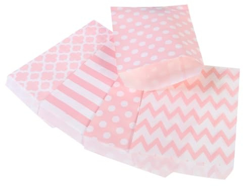 OHPHCALL Sacchettini Regalo in Carta Rosa 48 Pezzi, Motivi a Righe, Pois e Chevron, per Buffet Dolci e Bomboniere Matrimonio