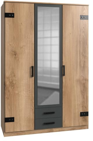 Lomadox Kleiderschrank mit Spiegeltür in Plankeneiche mit Absetzungen in Graphit, B x H x T ca. 135 x 198 x 58cm
