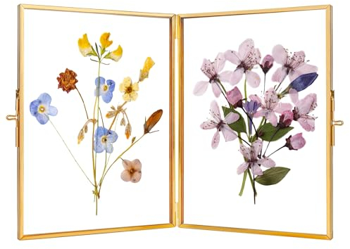 REDHUGO Glasgepresster Blumenrahmen, handgefertigt, aufklappbarer Doppelpress-Blumenrahmen, Tischplatte, Messing-Bilderrahmen, rechteckiger Trockenblumen-Display-Klapprahmen für Zuhause, Gold, 15,2 x