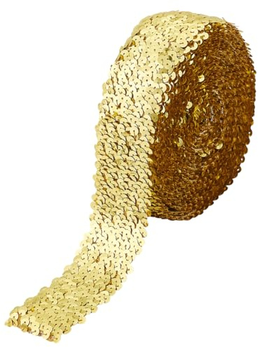 FINGERINSPIRE 457 cm 5 Reihiges Goldenes Elastisches Paillettenband 48 mm Breit Polyester Glitzerstoffband Paillettenbesatz Stretch Bling Paillettenband Zum Nähen von Kleidern Tanzen