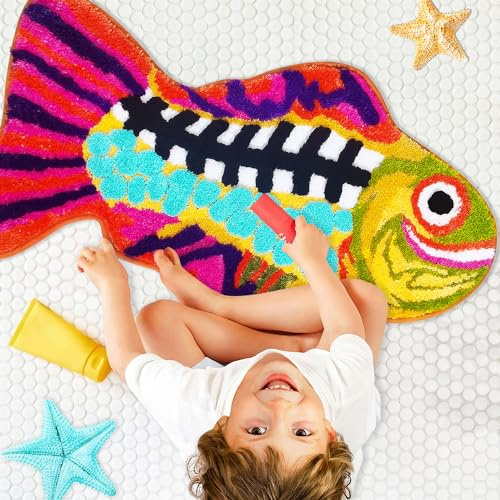 Cute Bathroom Rugs Hot Pink Bath Mats for Bathroom Funny Smile Fish Bath Rug Absorbent Non Slip Shaggy Carpets for Shower Tub 20x35