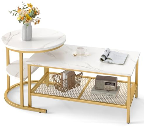 GIANTEX Tables Basses Gigognes 2 Pièces, Table Basse Salon Rectangulaire & Table d'Appoint Ronde Empilables à 2 Niveaux & Plateau en Marbre Faux & Cadre en Métal, Table à Café Moderne (Doré+Blanc)