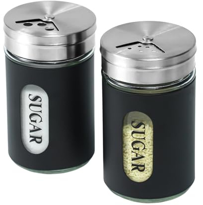 STJKBDFC Sugar Shaker Duster Stainless Steel and Glass Set with Adjustable Pour Holes Cinnamon Shaker For Coffee Bar,set of 2 (Black)