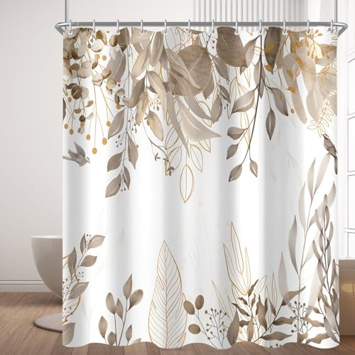 Lerores Duschvorhang 180x200cm Grau Herbstblätter, Beschwerter Saum Antischimme, Wasserabweisend, Waschbar Polyester Badevorhänge mit Ösen und 12 Duschvorhangringen für Badezimmer, Badewanne