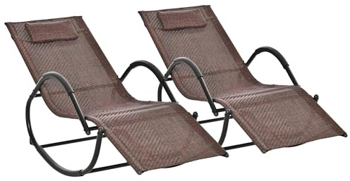 Outsunny Conjunto de 2 Mecedoras de Exterior Tumbonas Mecedoras con Reposabrazos Reposacabezas y Efecto de Ratán Carga 160 kg para Jardín Terraza 160x61x79 cm Marrón