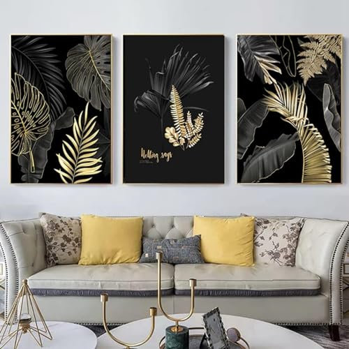 AWKFHF Leinwandgemälde Bild Abstrakte Schwarze Blattgold Nordische Pflanzen Bilder Leinwand Malerei Poster Kunstdruck Wohnzimmer Schlafzimmer Wand Deko (3X60X80CM,ohne Rahmen)