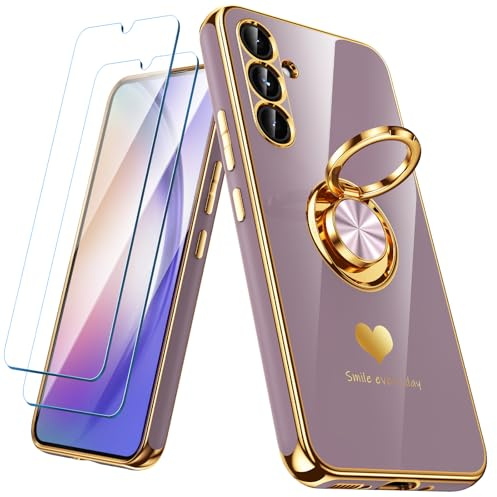 Nonional for Samsung Galaxy A54 5G Case with 2 Pack Screen Protector, 360° Rotatable Ring Holder [Luxury Hearts Pattern] Plating Gold Edge Slim Soft Phone Cover Case for Galaxy A54 - Light Purple