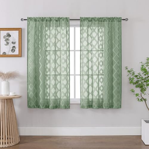OWENIE Tende trasparenti verde salvia, lunghezza 114 cm, set di 2 pannelli per soggiorno, camera da letto, bagno, finestra, tende corte in jacquard ariose per finestre piccole, 2 pezzi ciascuno da 101
