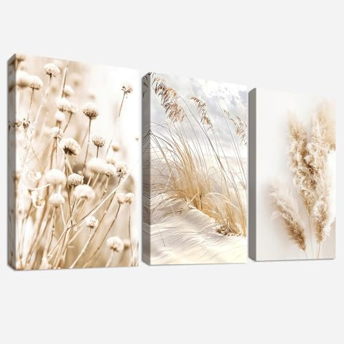 3Pcs Marco de Madera Cuadro Moderno Costero de Playa Lienzo Decorativos Pintura Imagen Beige Diente de León Hierba de la Pampa Cuadros Decoracion Salon Dormitorios Pasillo Decoracion Pared 30cmx40cmx3