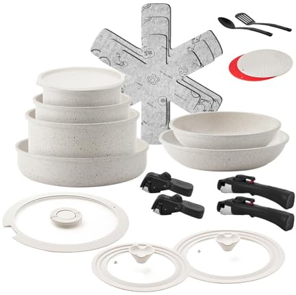 ESEVOLO Topfset Pfannenset Induktion 23-teilige mit Abnehmbarer Griff, PFAS-Frei Keramik-Antihaftbeschichtet Bratpfanne, Kasserolle, Schmorpfanne, Topf mit Universaldeckel, Stapelbar Ofenfest, Weiß