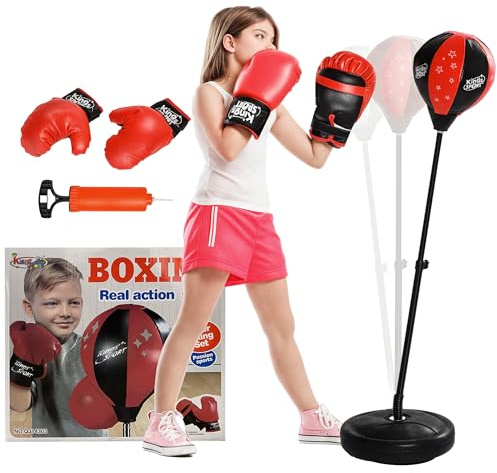 AIYAPLAY Stans boll för barn 5–10 år gammal med boxningshandskar och viktbas, höjdjusterbar boxningssäck 68–102 cm, röd