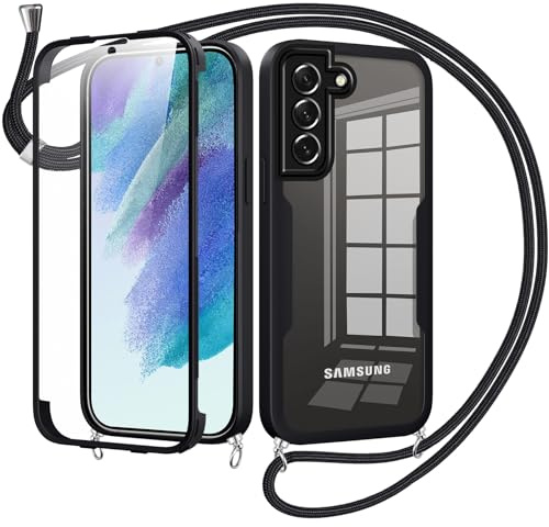 Woijrly handyband mit Band für Samsung Galaxy S21 FE 5G Hülle - Necklace HandyHülle,Eingebautem Schutzfolie Anti-Kratzer,360 Grad Displayschutz Ganzkörper Robuste Case Transparente Stoßfest-Schwarz