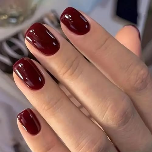 Ceboic 24Pcs Court Carré Faux Ongles Autocollants, Rouge Vin Français Ongles à Coller Naturel Couleur Unie Press on Nails, Brillant Réutilisables Acrylique Ongles pour Femmes et Filles