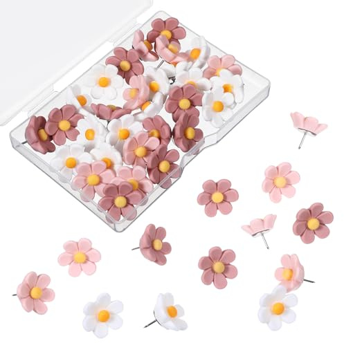 30 Stück Pinnadeln, Pinnwand Reißzwecken Stecknadeln mit Kopf, Reißnägel Heftzwecken Stecknadel für Korkwand Pinnwand, Cork Board, Zuhause Dekoration(Weiß und Rosa Blume)
