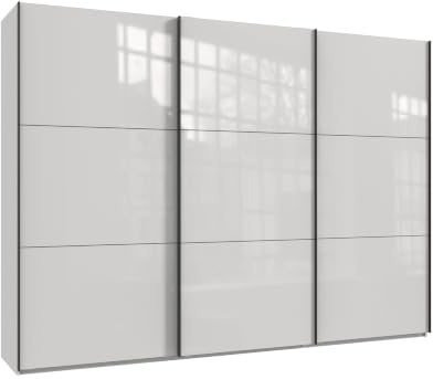 luma-Home 22036/ Schwebetürenschrank 3-türig, Glasfront in Weiß | B300/H216/T65 cm,Kleiderschrank inkl.Selbsteinzug,Griffleisten schwarz,Einlegeböden, Kleiderstangen,Schubladen,Wäscheeinteil.
