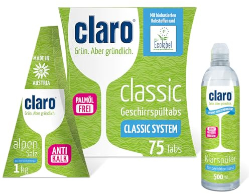 claro System Paket - All-in-One alles drin! - 75 Stück Classic Tabs + 1kg Alpensalz + 500ml Klarspüler
